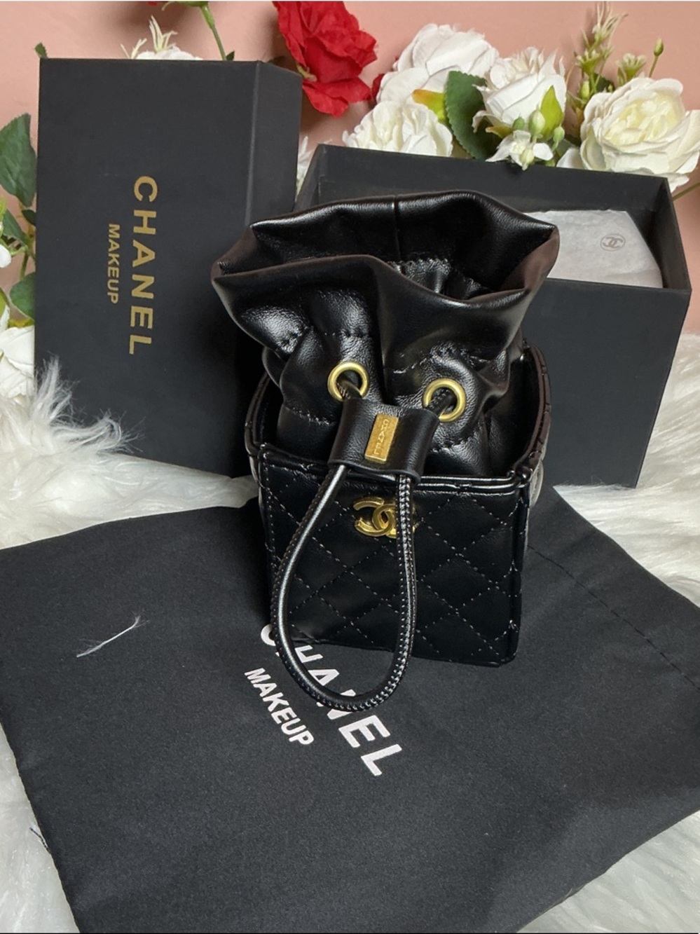 Black Quilted Mini Drawstring Bucket Bag